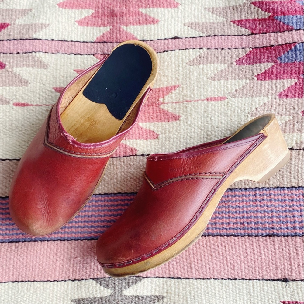 Vintage Red Leather Wooden Clog Mules
